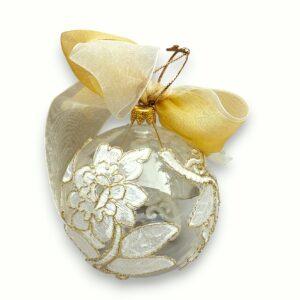 Glob Crăciun dantelă flori ivoire cu auriu, 10 cm