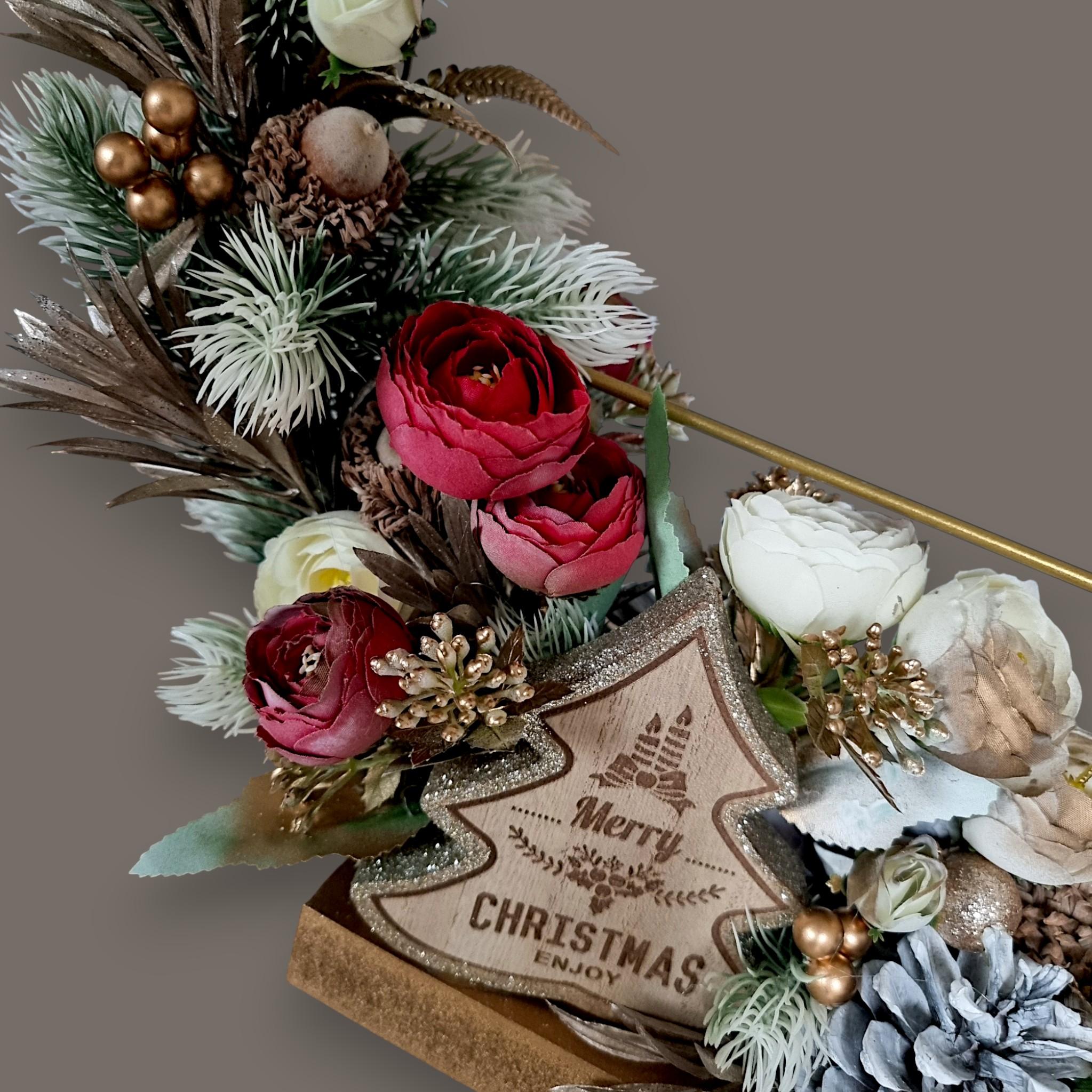 Aranjament alb Craciun, cerc metalic 40 cm 4 Aranjament alb Craciun, cerc metalic 40 cm - imagine 4