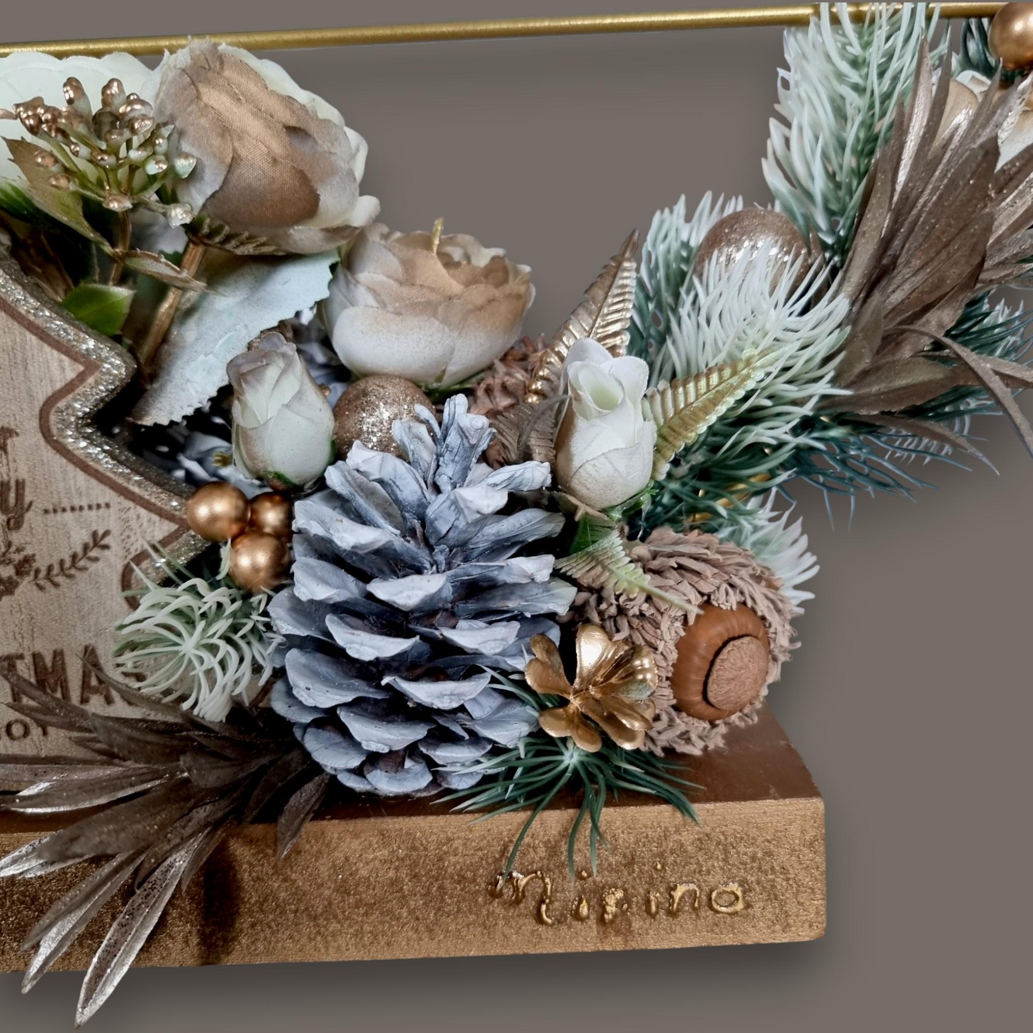 Aranjament alb Craciun, cerc metalic 40 cm 5 Aranjament alb Craciun, cerc metalic 40 cm - imagine 5