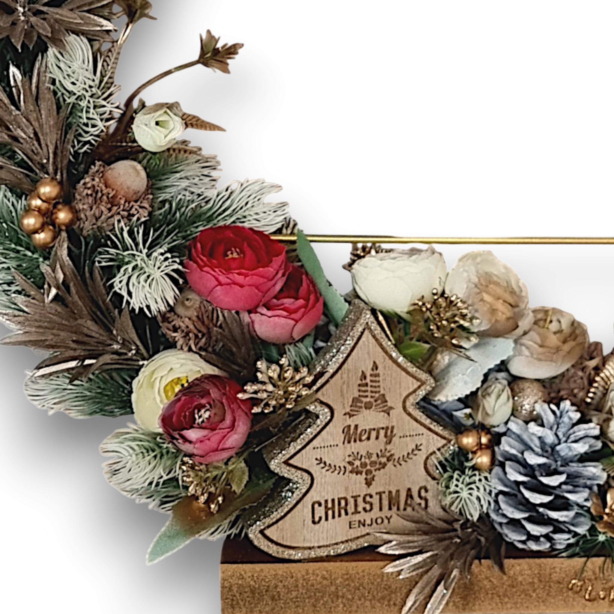 Aranjament alb Craciun, cerc metalic 40 cm 8 Aranjament alb Craciun, cerc metalic 40 cm