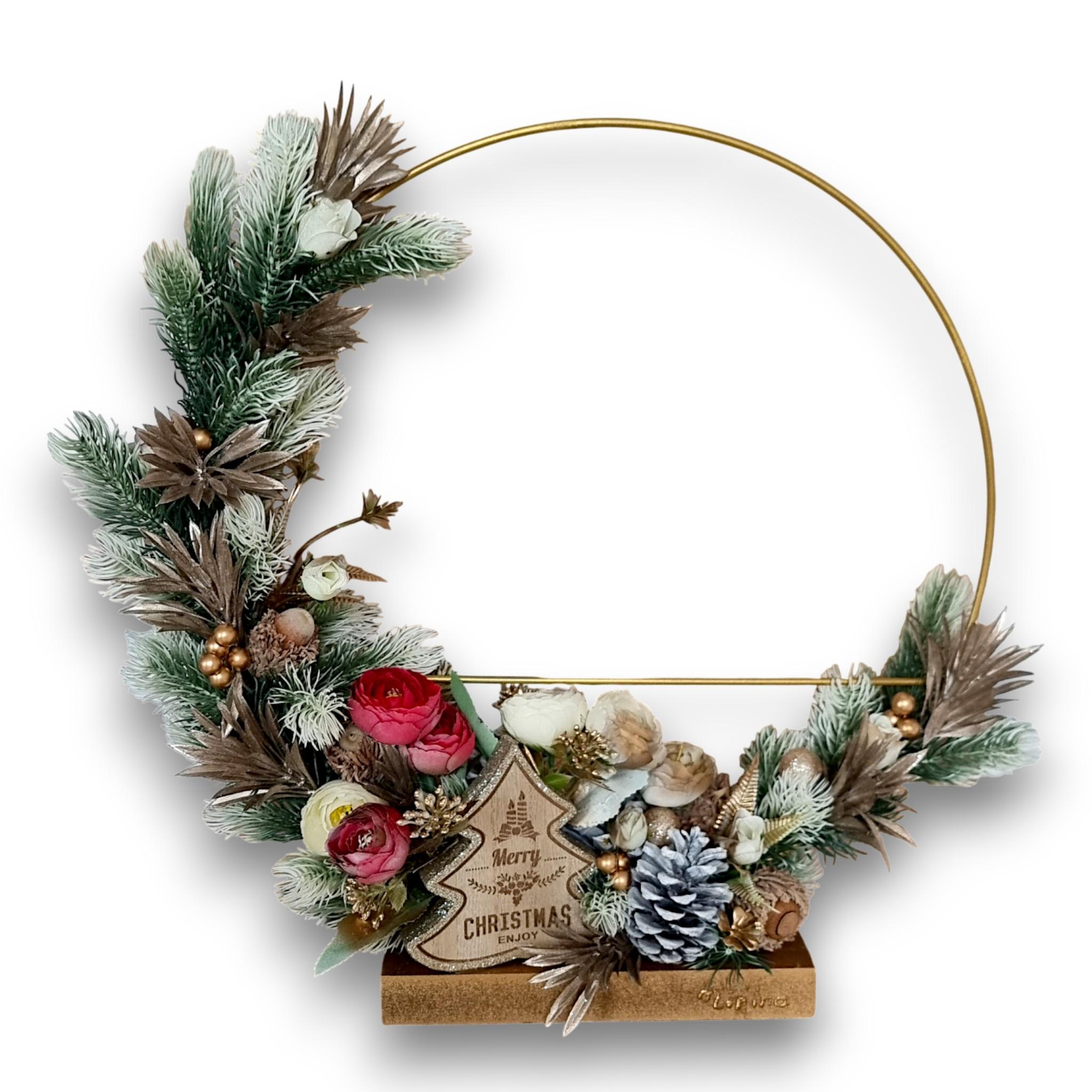 Aranjament alb Craciun, cerc metalic 40 cm 3 Aranjament alb Craciun, cerc metalic 40 cm