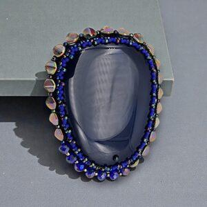 Broșă mare Agat Albastru Închis, 75 mm