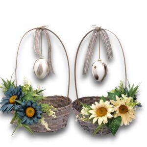 Coș Paște Elegant 2 Fețe, Decorat Flori, 26x21x42 cm