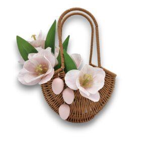 Coș cadou de Paste,cu lalele roz, 22x30x12 cm