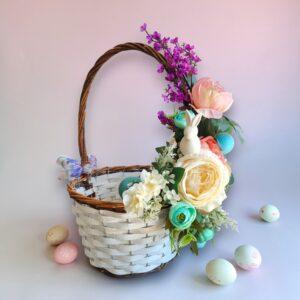 Coș cu Iepuraș si Flori de Primăvară, 30x24x42 cm