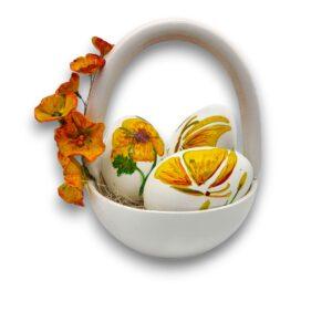 Aranjament Paște 2026 cu 3 Ouă Decorate și Maci Galbeni