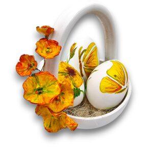 Aranjament Paște 2026 cu 3 Ouă Decorate și Maci Galbeni