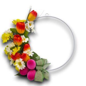 Coroniță vesela de primavară, cu flori si ouă de Paște, 30 cm