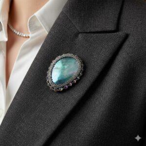 Pune aceasta brosa pe reverul unui sacou elegant purtat de o doamna. Prim plan pe brosa