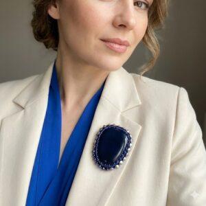 Broșă mare Agat Albastru Închis, 75 mm