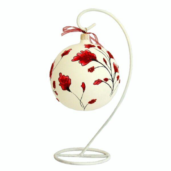 Glob sticlă Crăciun Alb cu flori roșii 10 cm
