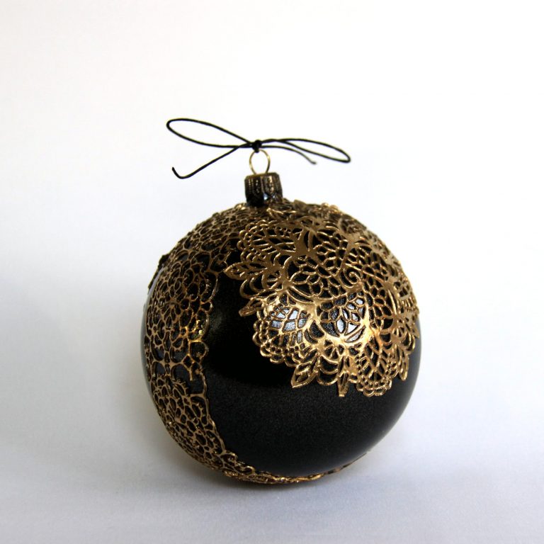 Glob Crăciun negru auriu, sticlă 10 cm