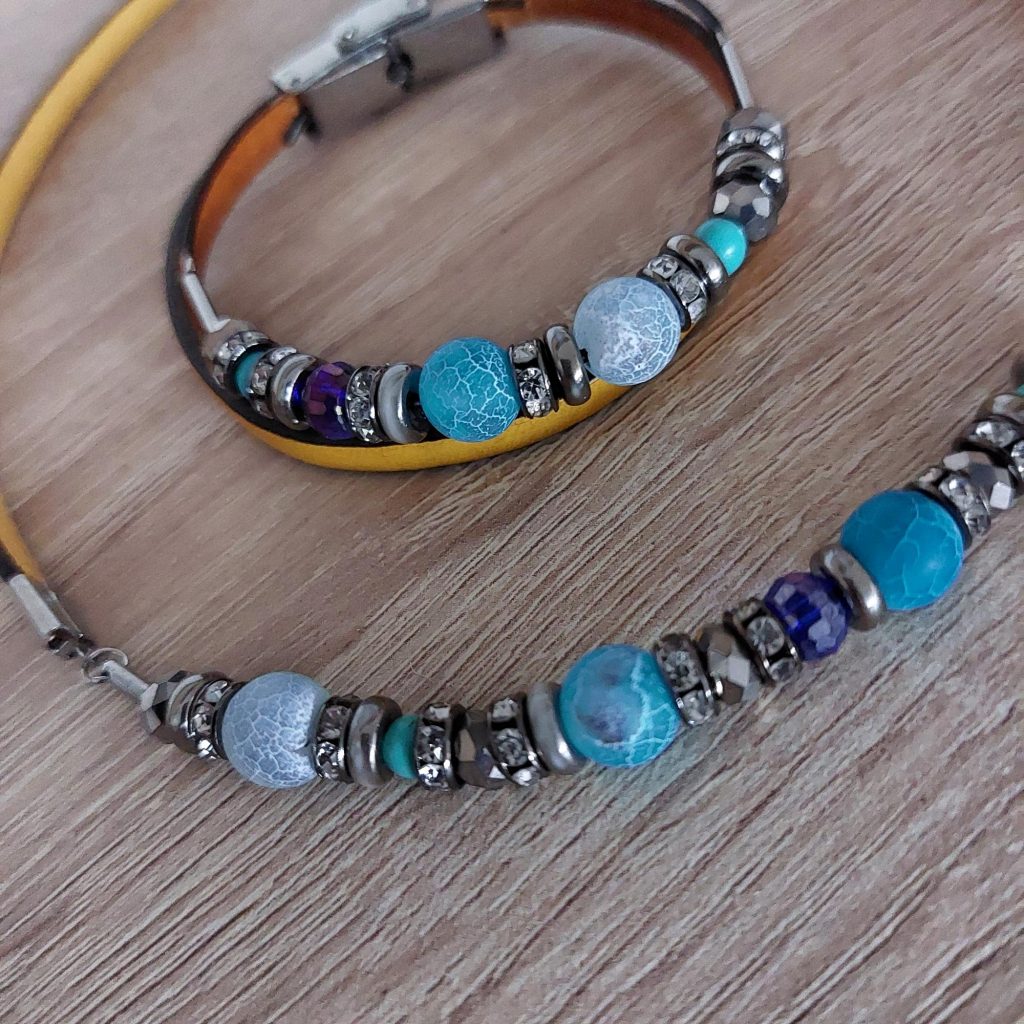 Set sau separat, colier și brățară, piele și agate 8mm