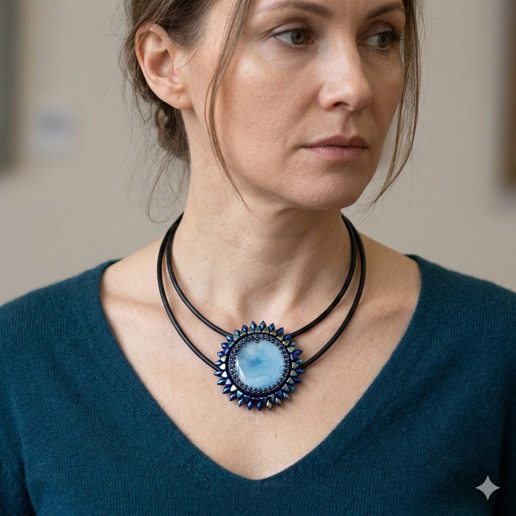 Colier Statement Soare albastru, Agat, 62 mm 9 Colier Statement Soare albastru, Agat, 62 mm